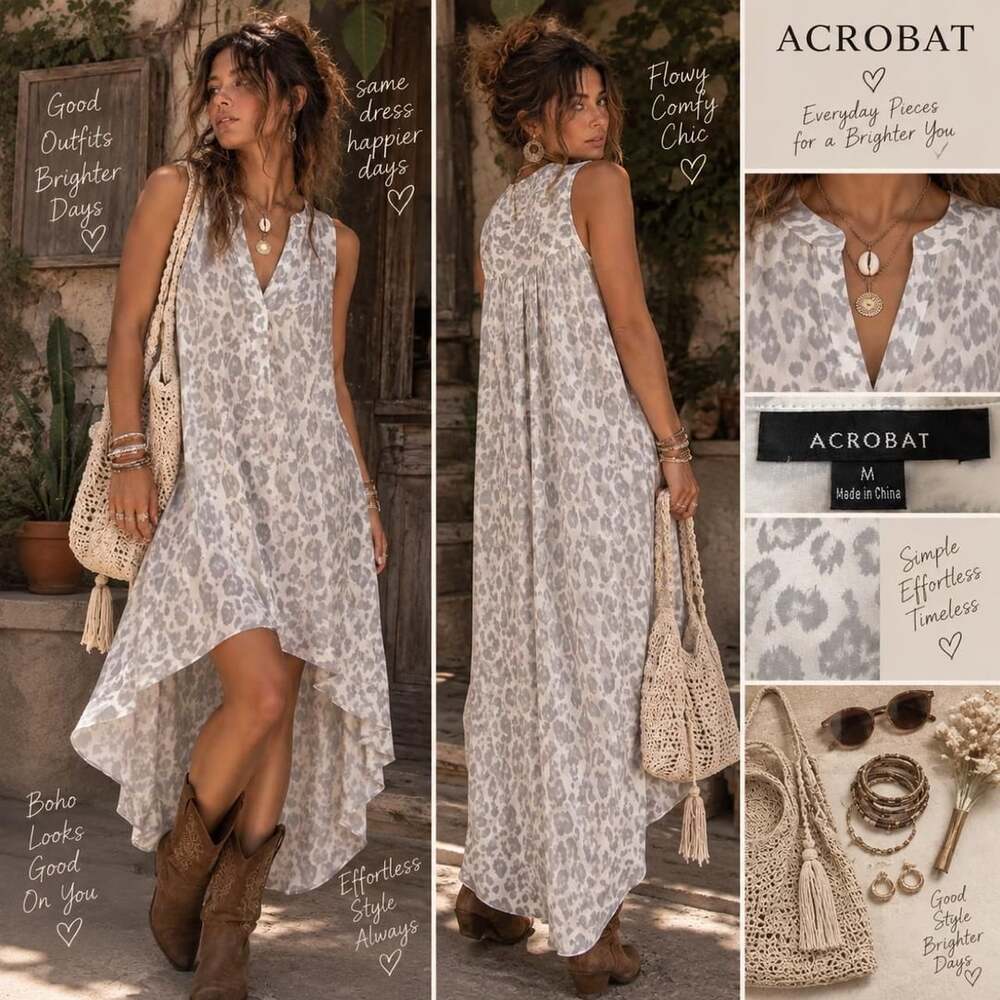 Acrobat Gray Leopard Print High-Low Maxi Dress